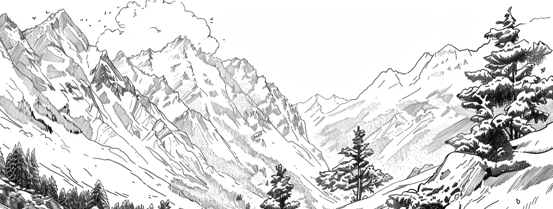 Poésie des Hauteurs - Illustration Alpine en Noir et Blanc - Illulart: Papier peint panoramique