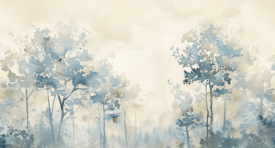 Poésie printanière bleutée : Papier Peint Panoramique en Aquarelle - Illulart: Papier peint panoramique