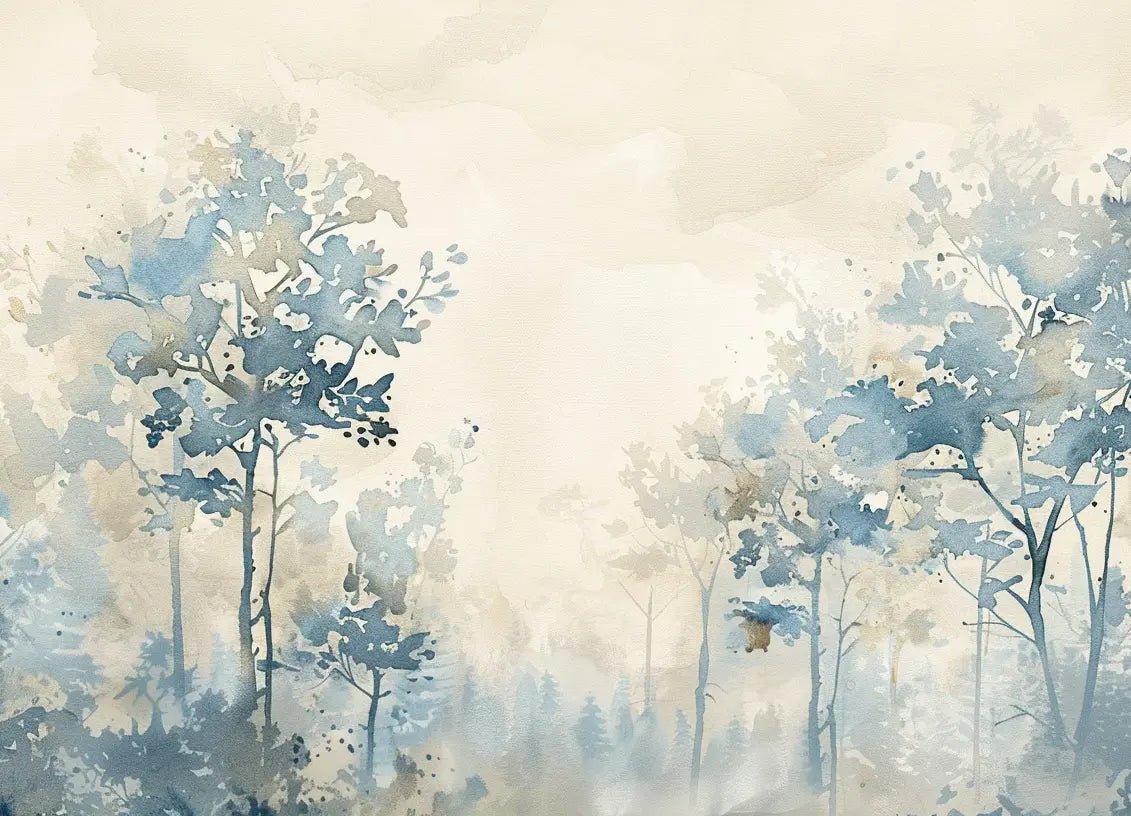 Poésie printanière bleutée : Papier Peint Panoramique en Aquarelle