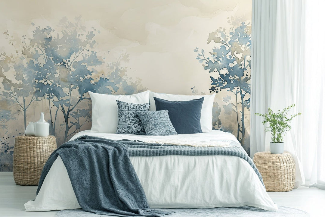 Poésie printanière bleutée : Papier Peint Panoramique en Aquarelle - Illulart: Papier peint panoramique