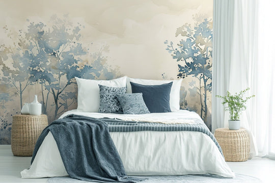 Poésie printanière bleutée : Papier Peint Panoramique en Aquarelle - Illulart: Papier peint panoramique