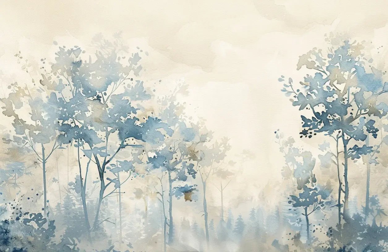 Poésie printanière bleutée : Papier Peint Panoramique en Aquarelle