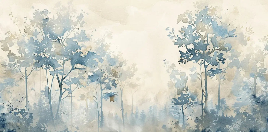 Poésie printanière bleutée : Papier Peint Panoramique en Aquarelle - Illulart: Papier peint panoramique