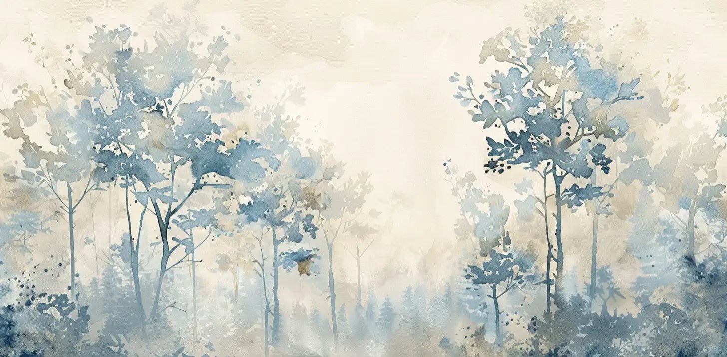 Poésie printanière bleutée : Papier Peint Panoramique en Aquarelle - Illulart: Papier peint panoramique