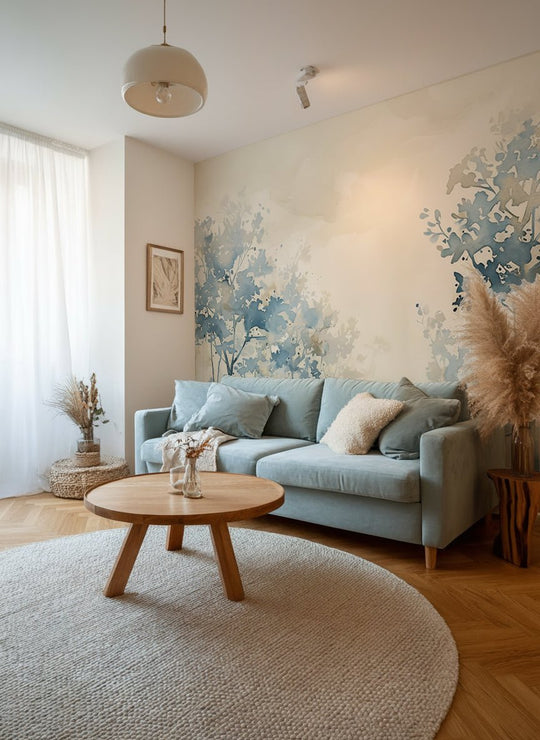 Poésie printanière bleutée : Papier Peint Panoramique en Aquarelle - Illulart: Papier peint panoramique