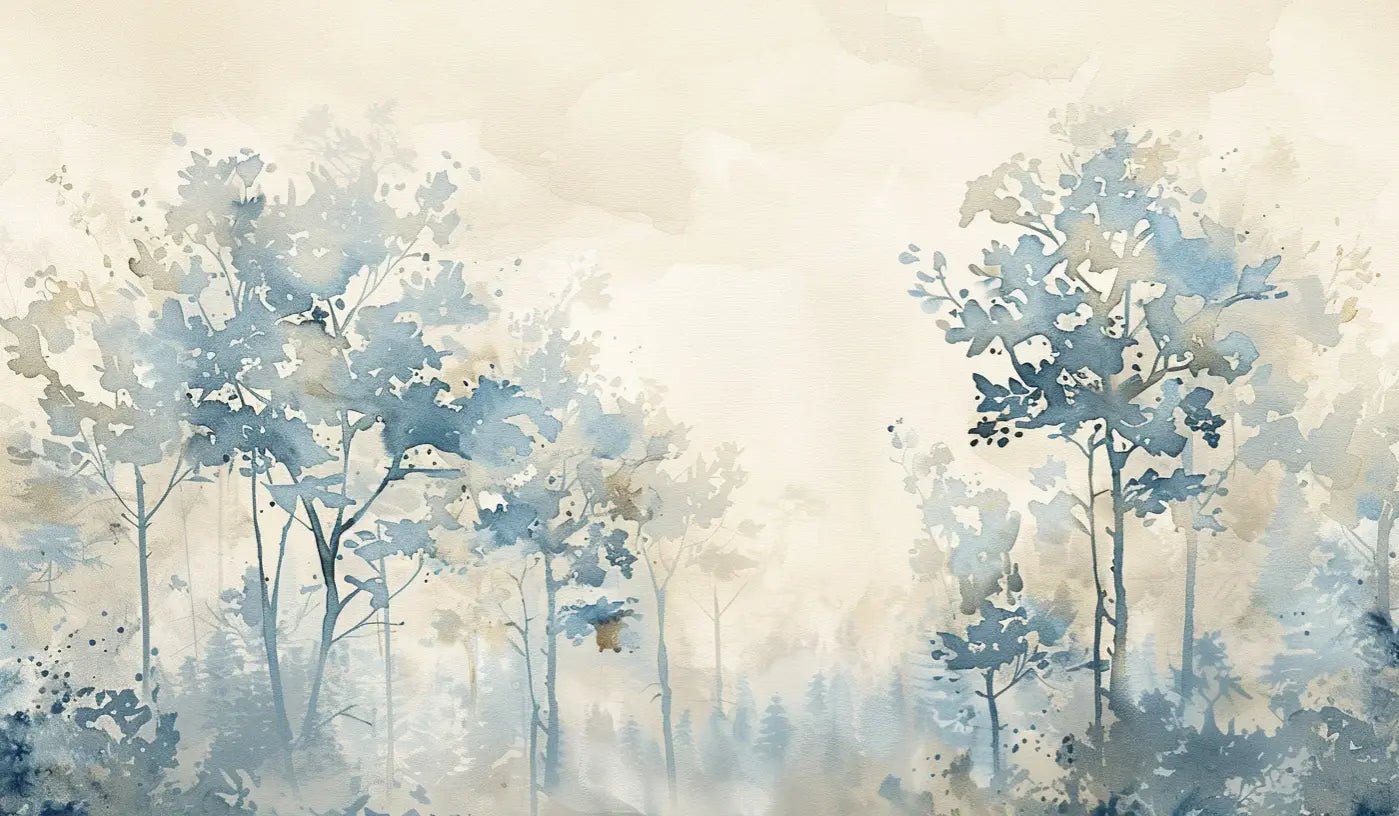 Poésie printanière bleutée : Papier Peint Panoramique en Aquarelle - Illulart: Papier peint panoramique