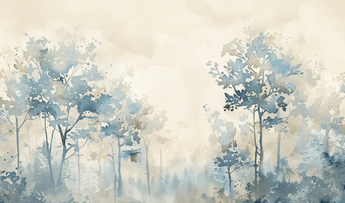 Poésie printanière bleutée : Papier Peint Panoramique en Aquarelle - Illulart: Papier peint panoramique