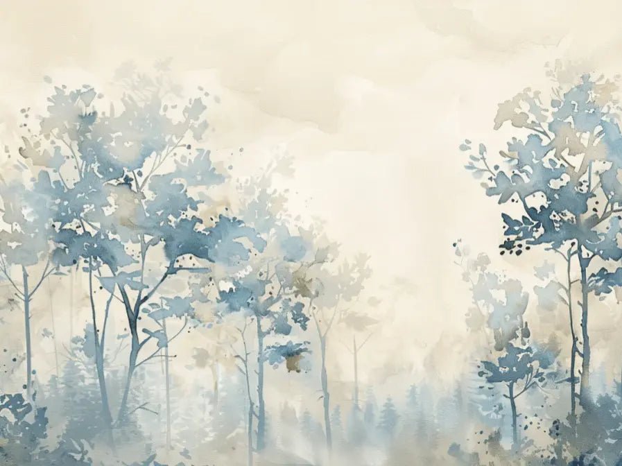 Poésie printanière bleutée : Papier Peint Panoramique en Aquarelle - Illulart: Papier peint panoramique