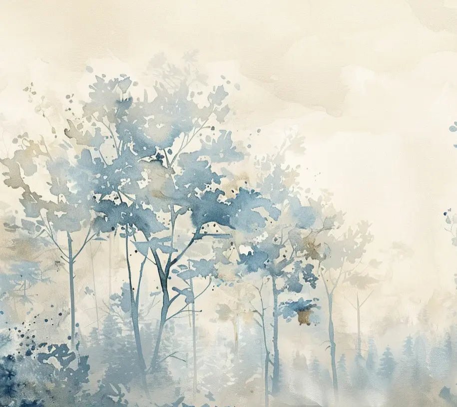 Poésie printanière bleutée : Papier Peint Panoramique en Aquarelle - Illulart: Papier peint panoramique