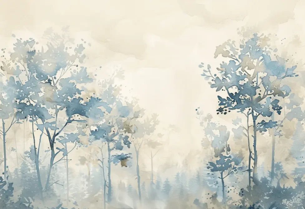 Poésie printanière bleutée : Papier Peint Panoramique en Aquarelle - Illulart: Papier peint panoramique