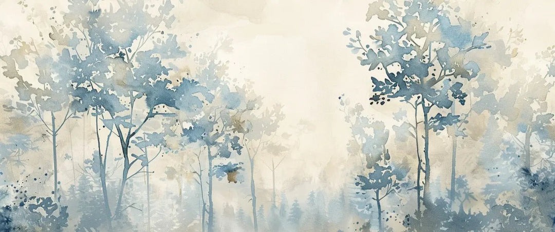 Poésie printanière bleutée : Papier Peint Panoramique en Aquarelle - Illulart: Papier peint panoramique