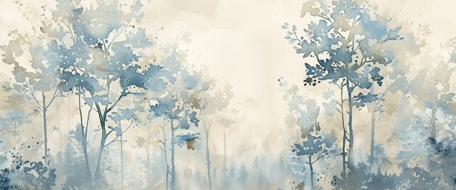 Poésie printanière bleutée : Papier Peint Panoramique en Aquarelle