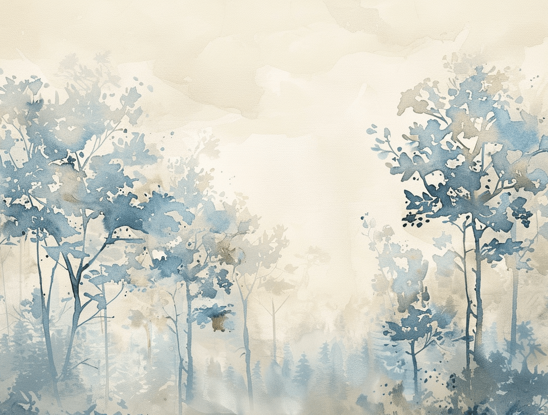 Poésie printanière bleutée : Papier Peint Panoramique en Aquarelle - Illulart: Papier peint panoramique