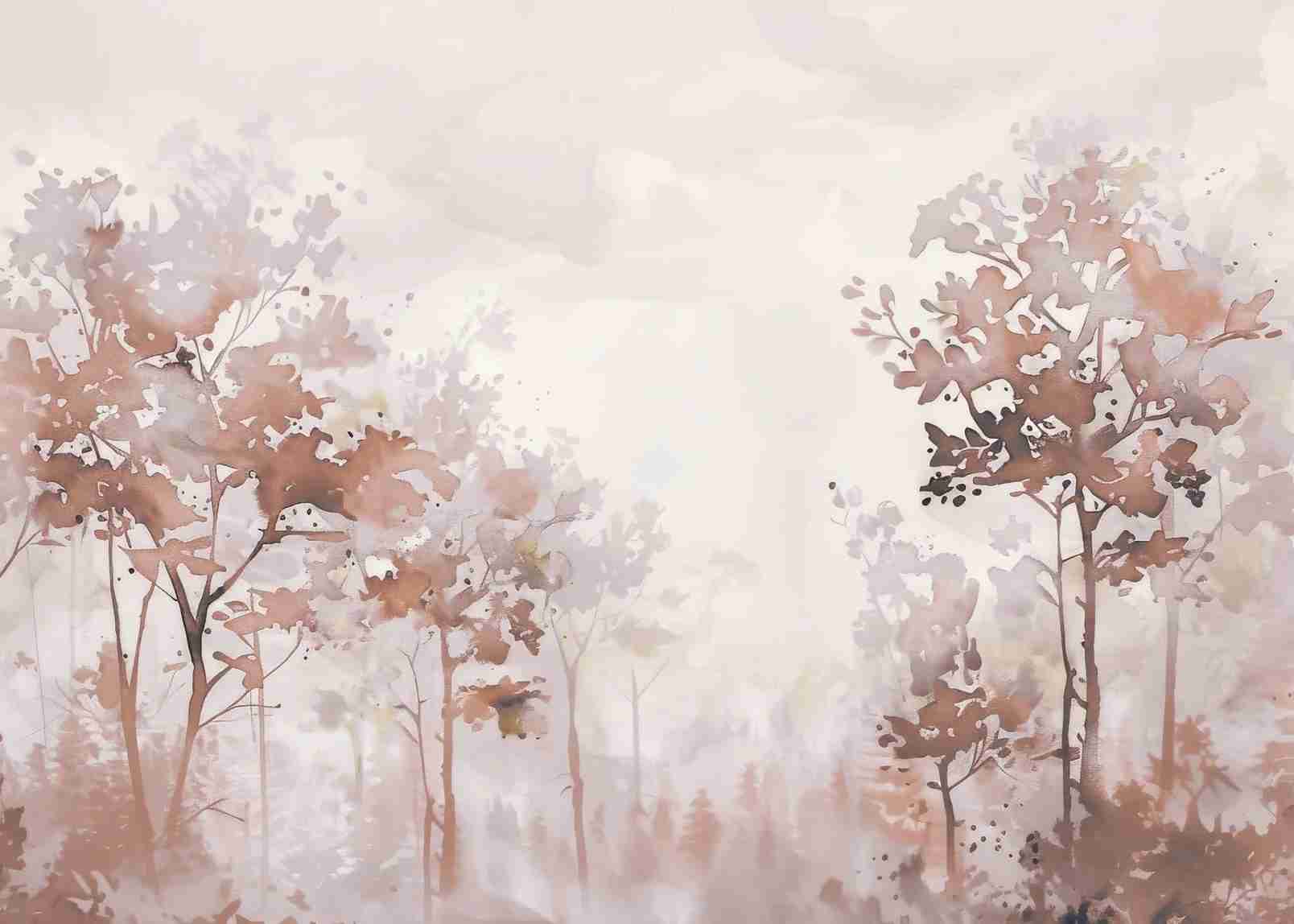 Poésie printanière en beige – Papier peint arbres en aquarelle aux tons poudrés