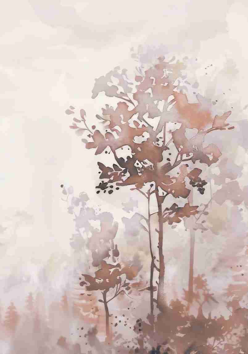 Poésie printanière en beige – Papier peint arbres en aquarelle aux tons poudrés
