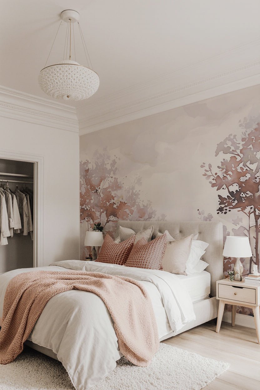 Poésie printanière en beige – Papier peint arbres en aquarelle aux tons poudrés - Illulart: Papier peint panoramique