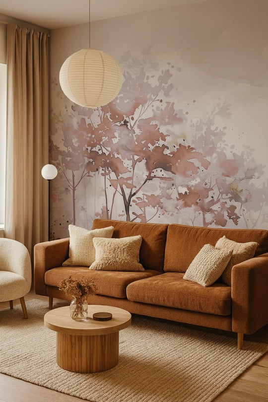 Poésie printanière en beige – Papier peint arbres en aquarelle aux tons poudrés - Illulart: Papier peint panoramique