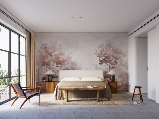 Poésie printanière en beige – Papier peint arbres en aquarelle aux tons poudrés - Illulart: Papier peint panoramique