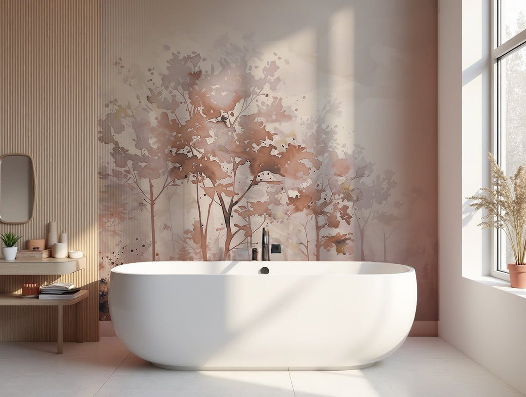 Poésie printanière en beige – Papier peint arbres en aquarelle aux tons poudrés - Illulart: Papier peint panoramique