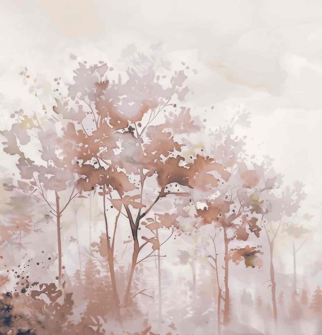 Poésie printanière en beige – Papier peint arbres en aquarelle aux tons poudrés