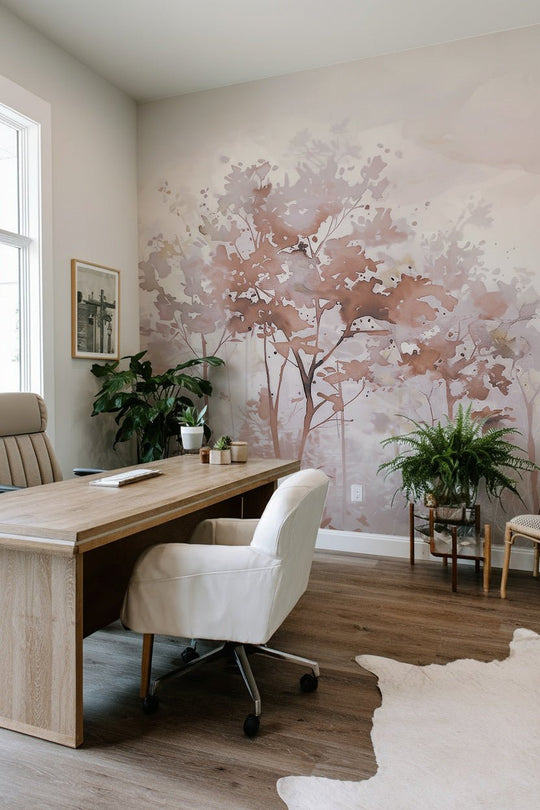 Poésie printanière en beige – Papier peint arbres en aquarelle aux tons poudrés - Illulart: Papier peint panoramique