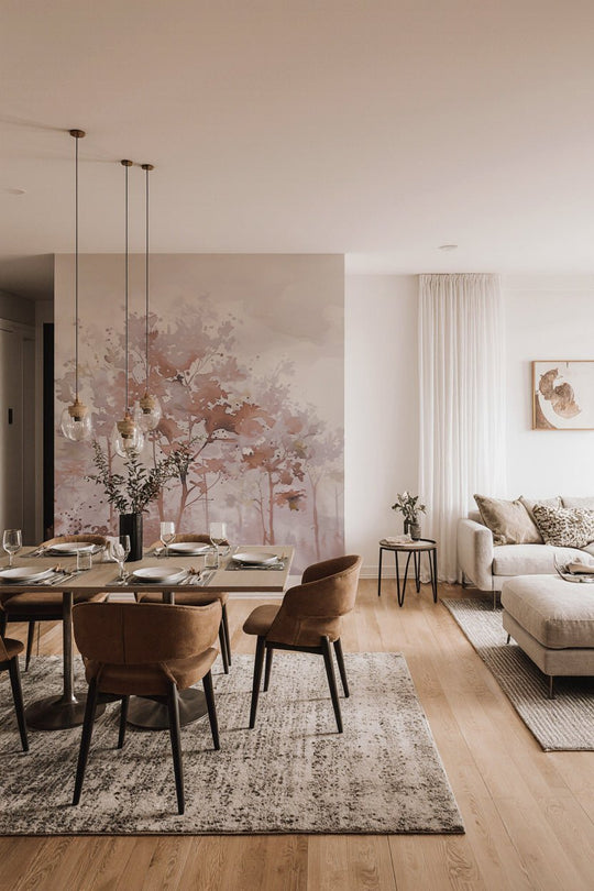 Poésie printanière en beige – Papier peint arbres en aquarelle aux tons poudrés - Illulart: Papier peint panoramique