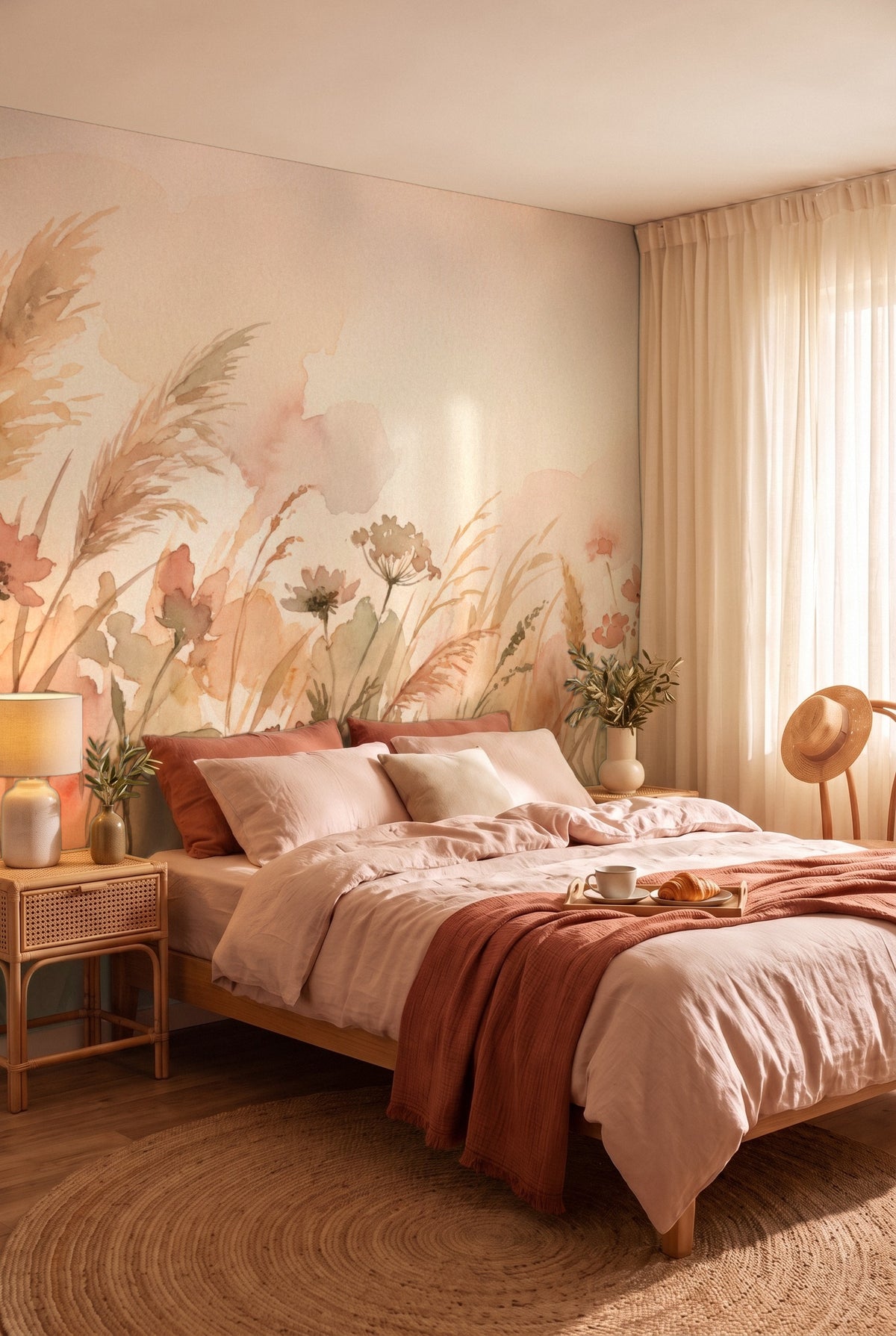Chambre au linge rose poudré et plaid terracotta devant un papier peint panoramique prairie de graminées en aquarelle