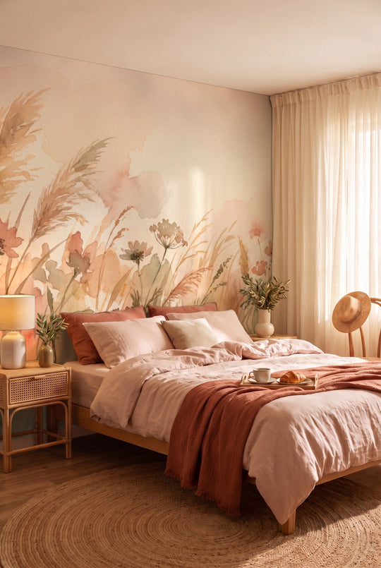 Chambre au linge rose poudré et plaid terracotta devant un papier peint panoramique prairie de graminées en aquarelle