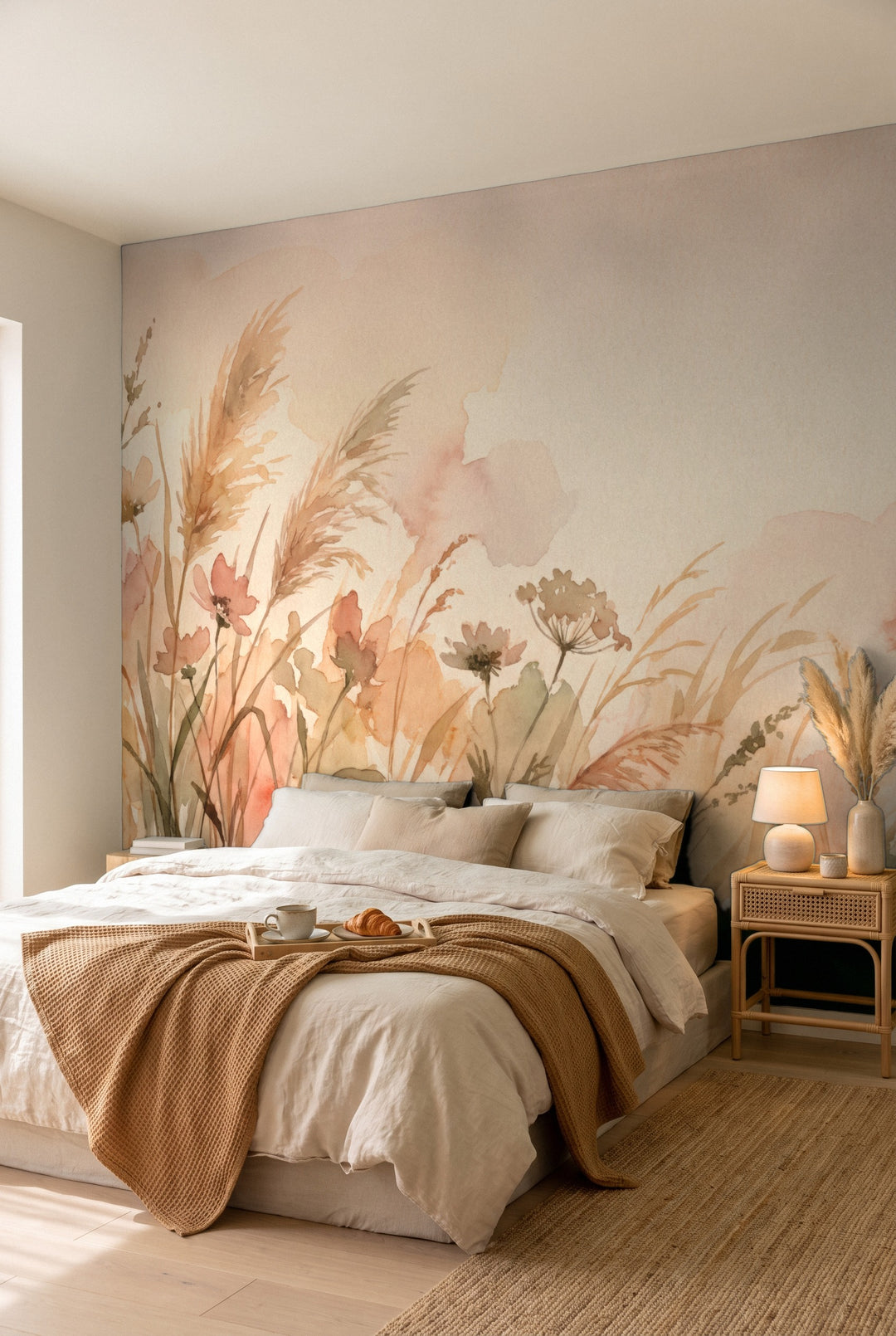 Chambre au plaid camel devant un papier peint panoramique de fleurs des champs en aquarelle