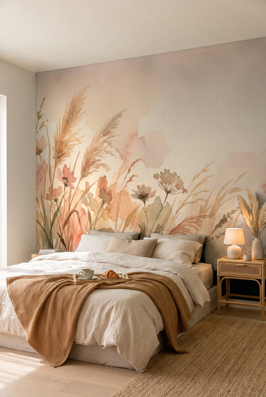 Chambre au plaid camel devant un papier peint panoramique de fleurs des champs en aquarelle