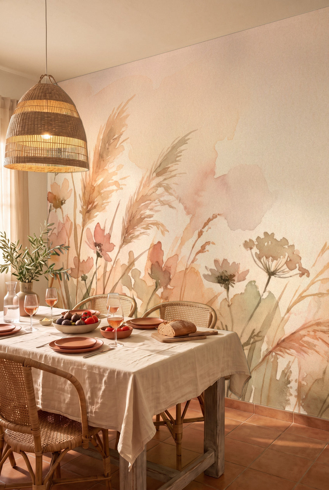 Salle à manger avec nappe en lin et suspension en rotin devant un papier peint prairie de graminées