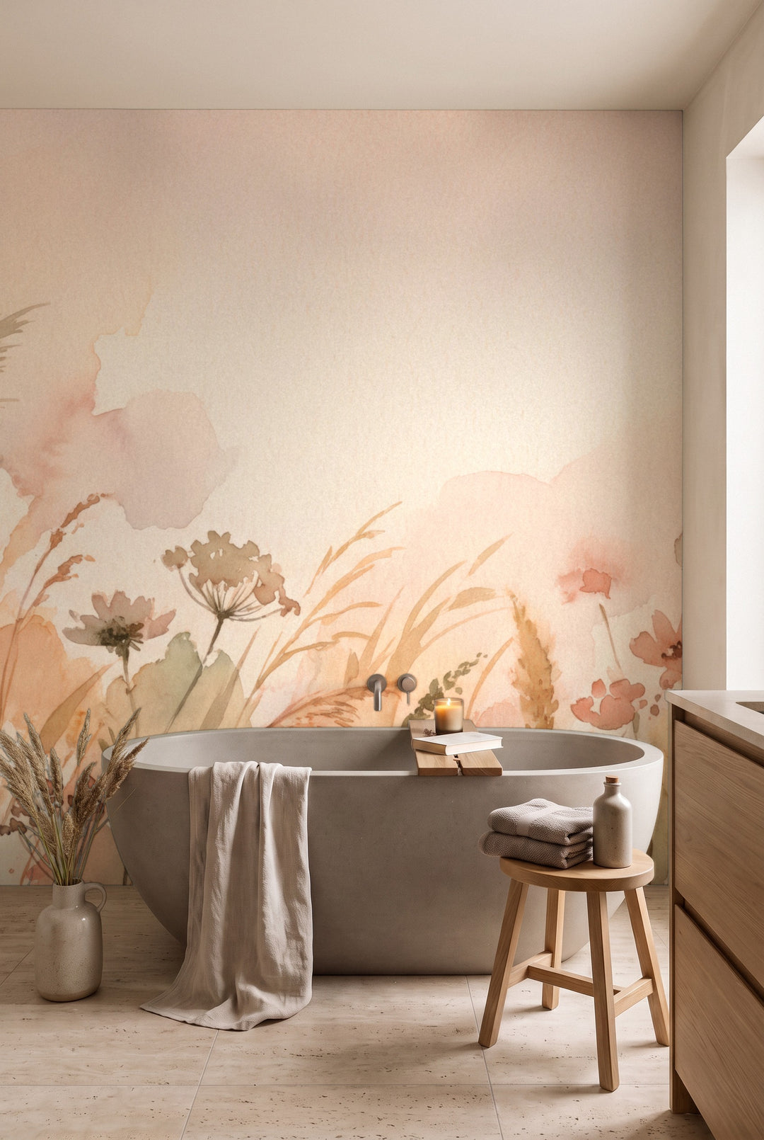Salle de bain avec baignoire en pierre devant un papier peint aquarelle de graminées et fleurs sauvages