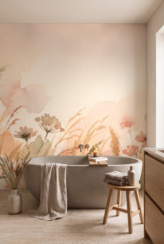 Salle de bain avec baignoire en pierre devant un papier peint aquarelle de graminées et fleurs sauvages