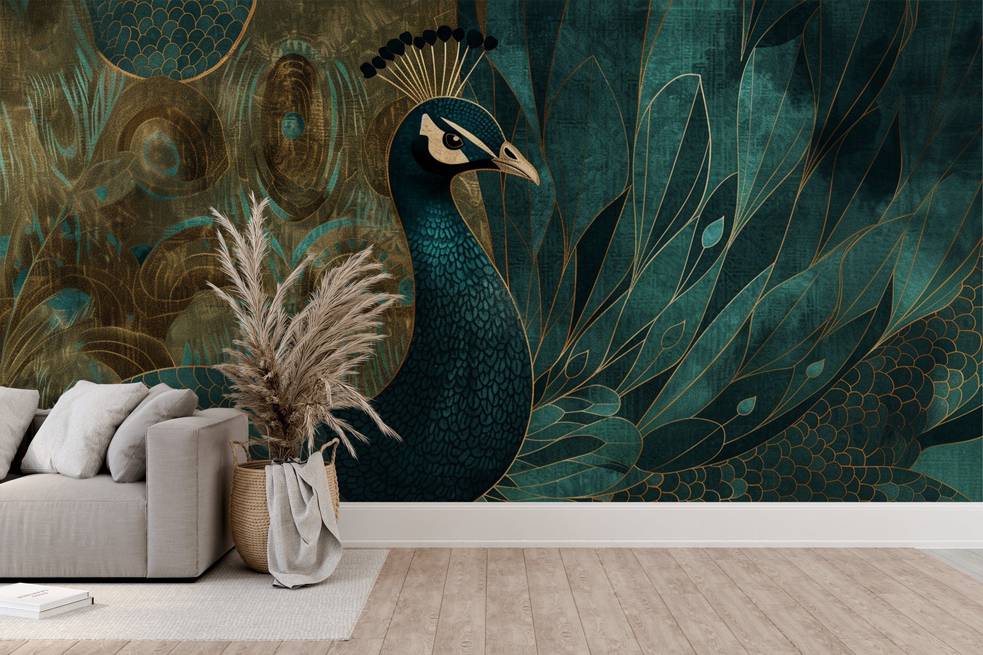 papier peint paon vert et or luxe et nature dans un salon