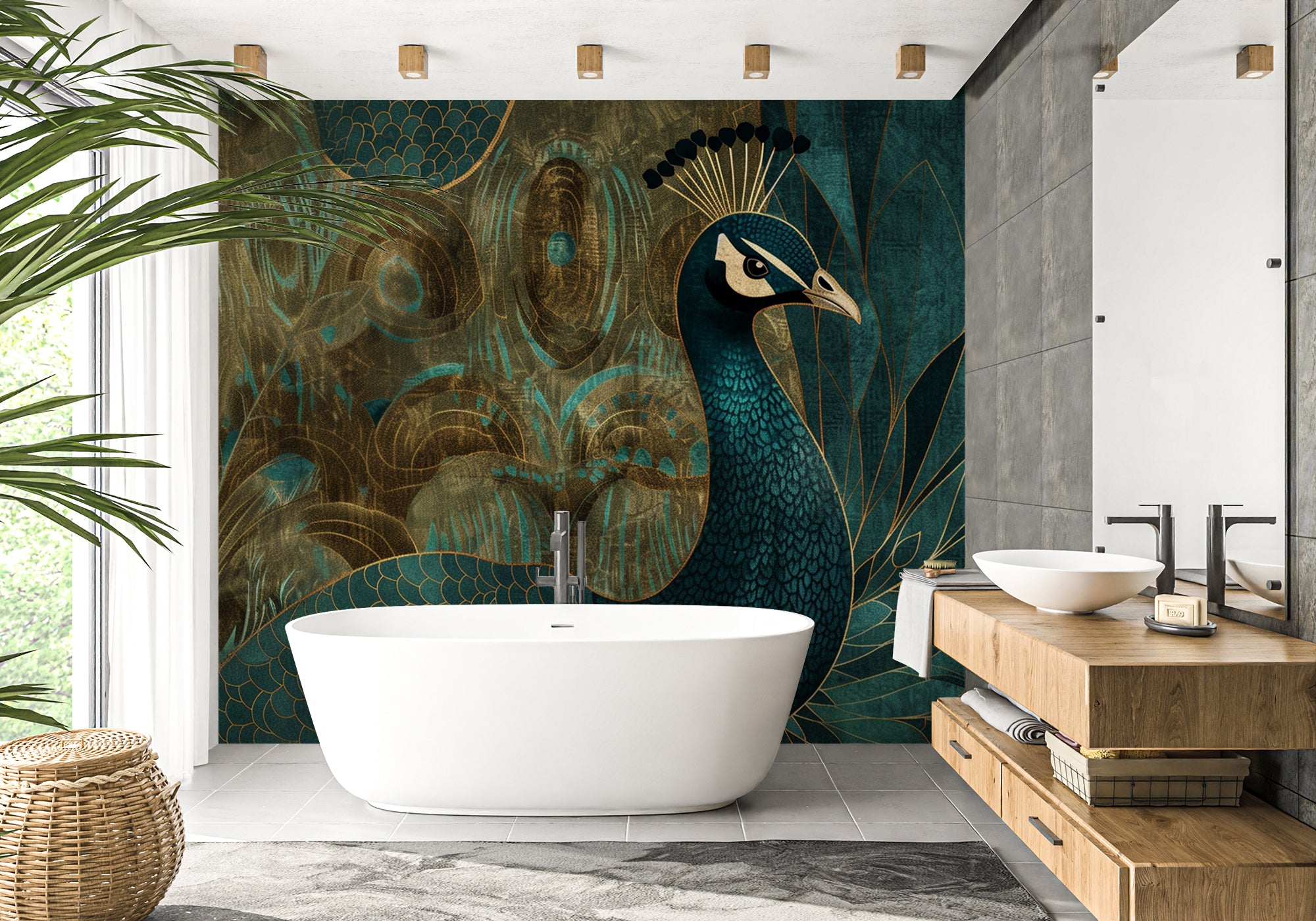 papier peint paon vert et or luxe et nature dans une salle de bain 