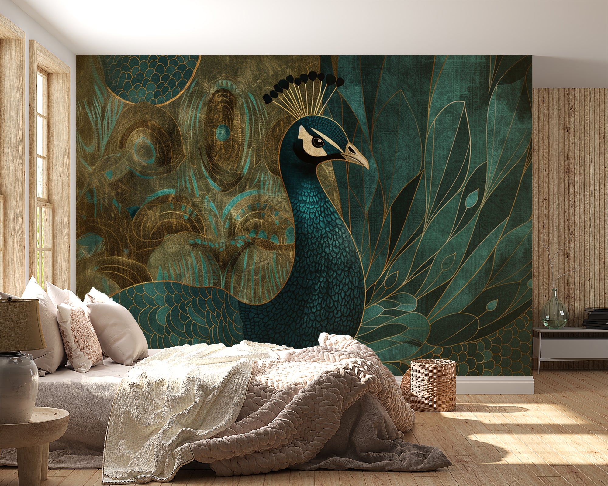 papier peint paon vert et or luxe et nature dans une chambre 