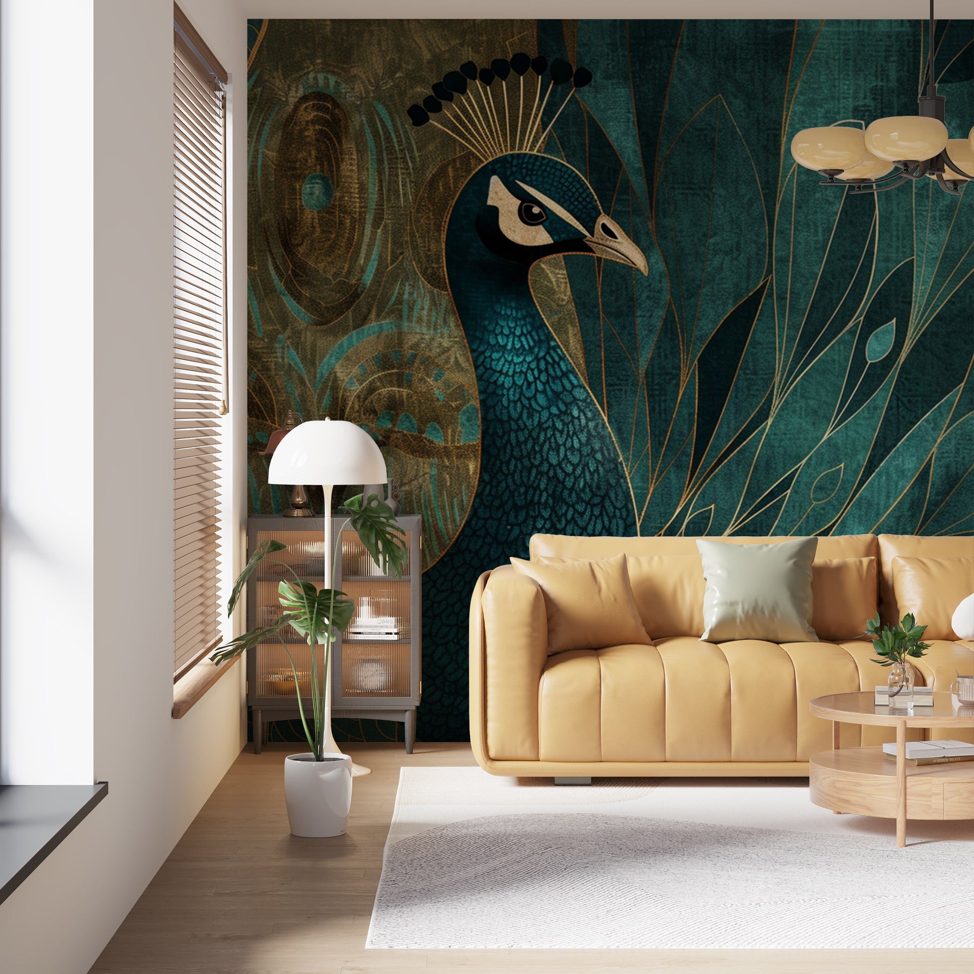 papier peint paon vert et or luxe et nature dans un salon 