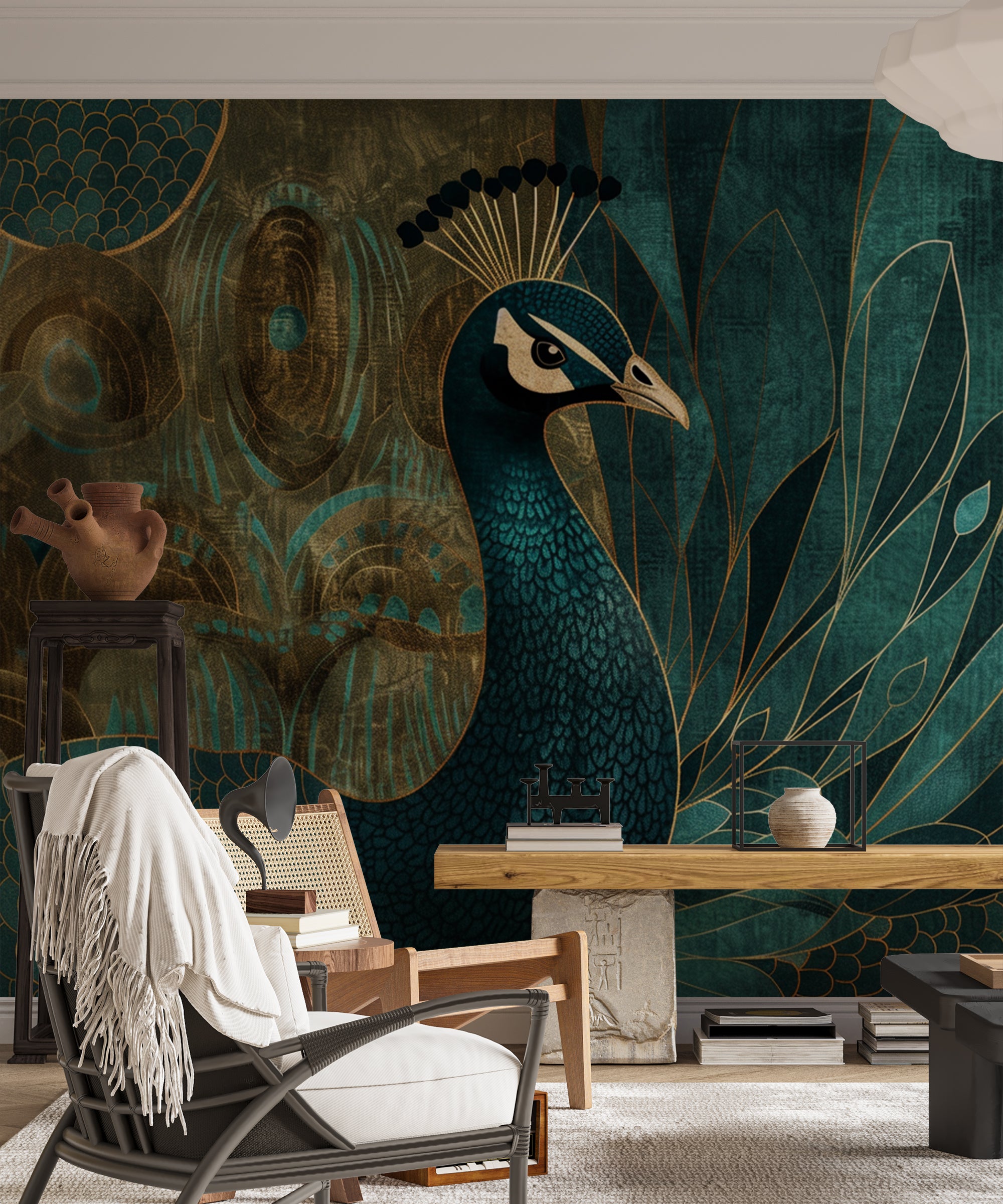 papier peint paon vert et or luxe et nature dans un salon 