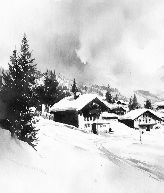 Reflets d'Hiver : Papier Peint Panoramique Courchevel en Aquarelle - Illulart: Papier peint panoramique