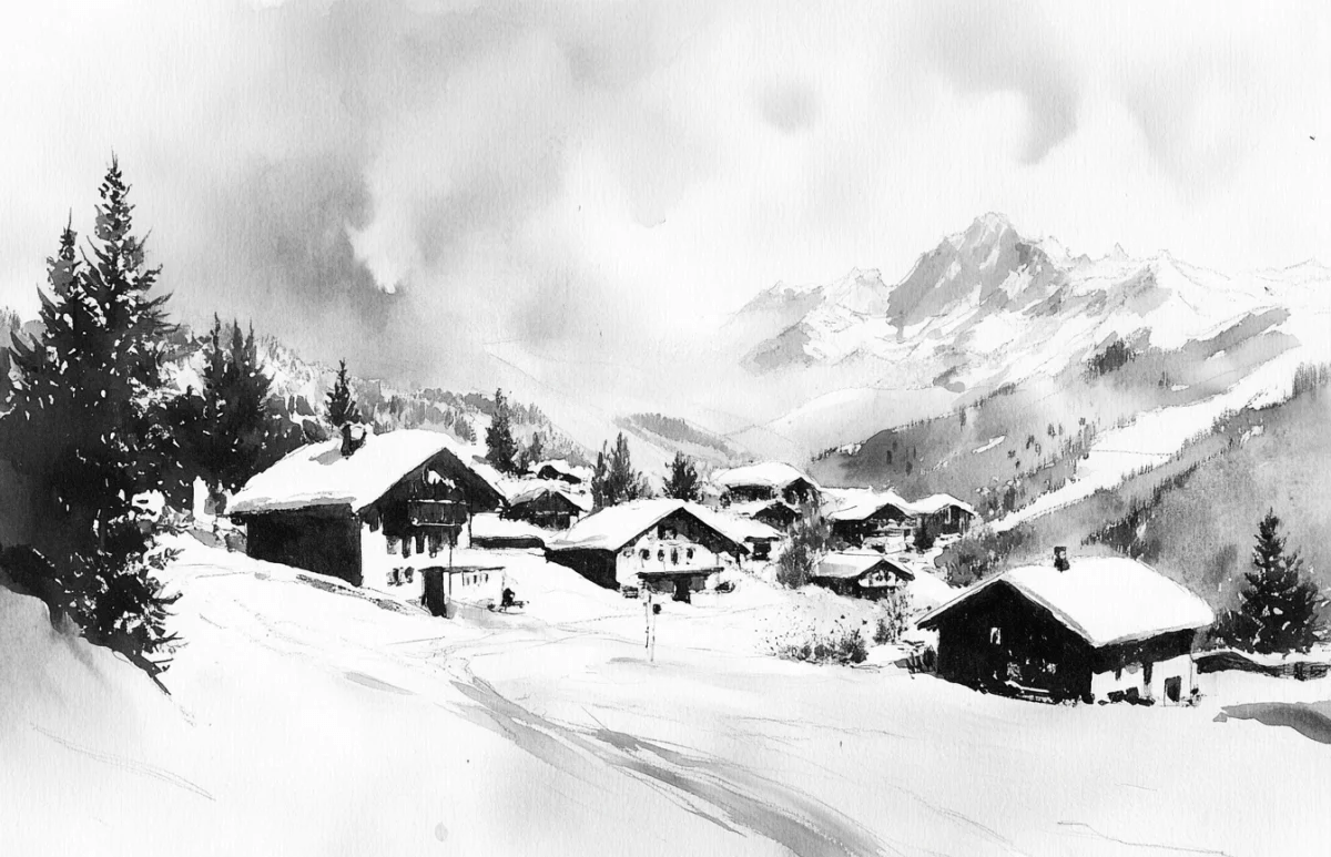 Reflets d'Hiver : Papier Peint Panoramique Courchevel en Aquarelle - Illulart: Papier peint panoramique