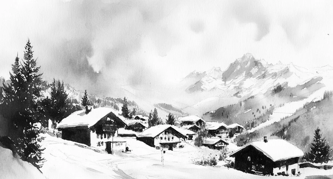 Reflets d'Hiver : Papier Peint Panoramique Courchevel en Aquarelle - Illulart: Papier peint panoramique