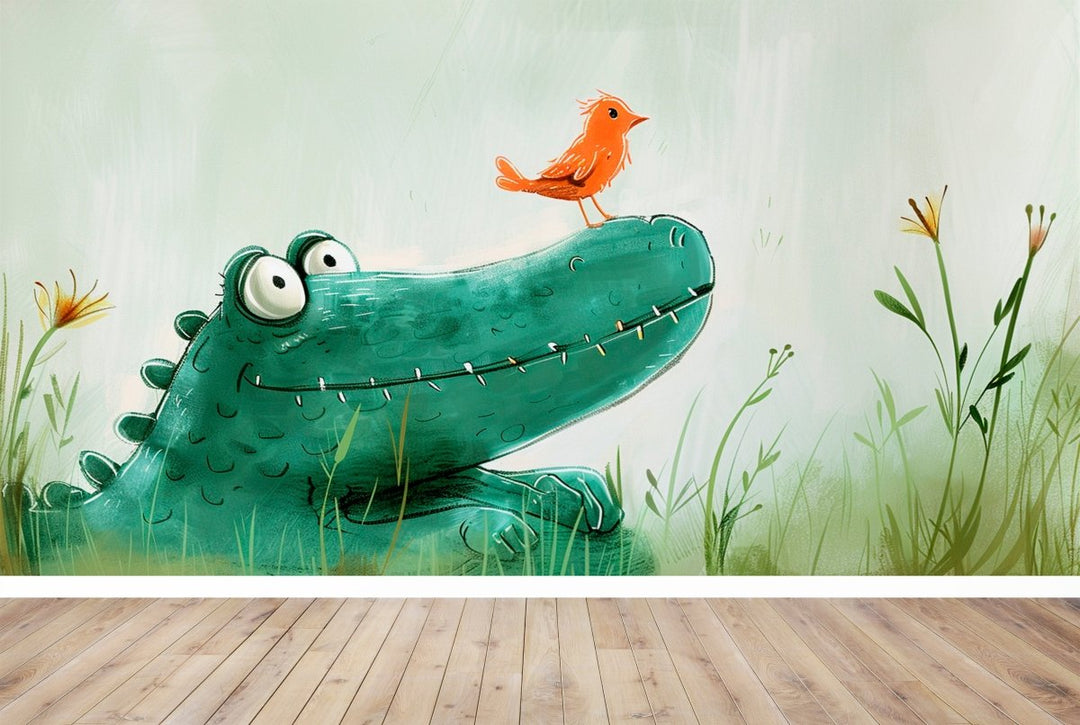 Rencontre au Marais : Un Crocodile et Son Ami l'Oiseau - Illulart: Papier peint panoramique