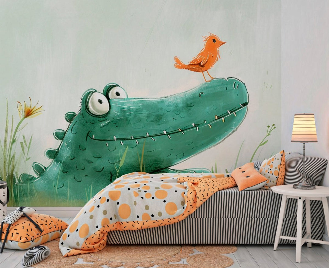 Rencontre au Marais : Un Crocodile et Son Ami l'Oiseau - Illulart: Papier peint panoramique