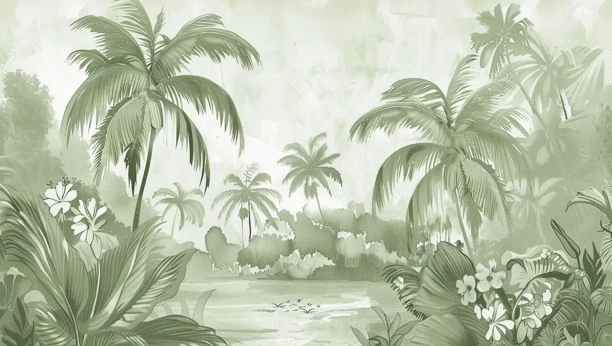 Rêve de Jungle – Panorama Mural en Vert Pastel - Illulart: Papier peint panoramique