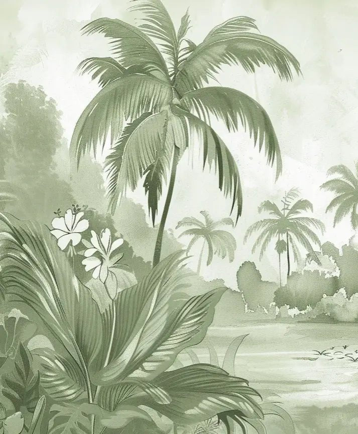 Rêve de Jungle – Panorama Mural en Vert Pastel