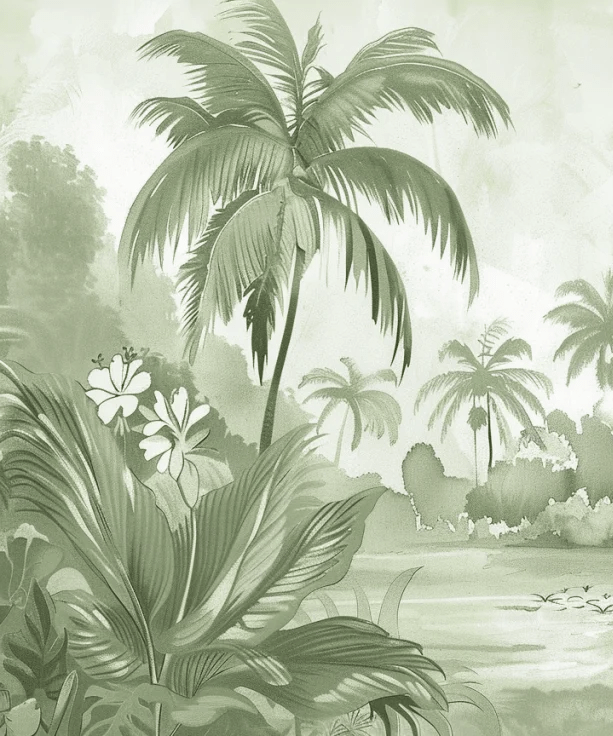 Rêve de Jungle – Panorama Mural en Vert Pastel - Illulart: Papier peint panoramique