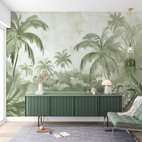 Rêve de Jungle – Panorama Mural en Vert Pastel - Illulart: Papier peint panoramique