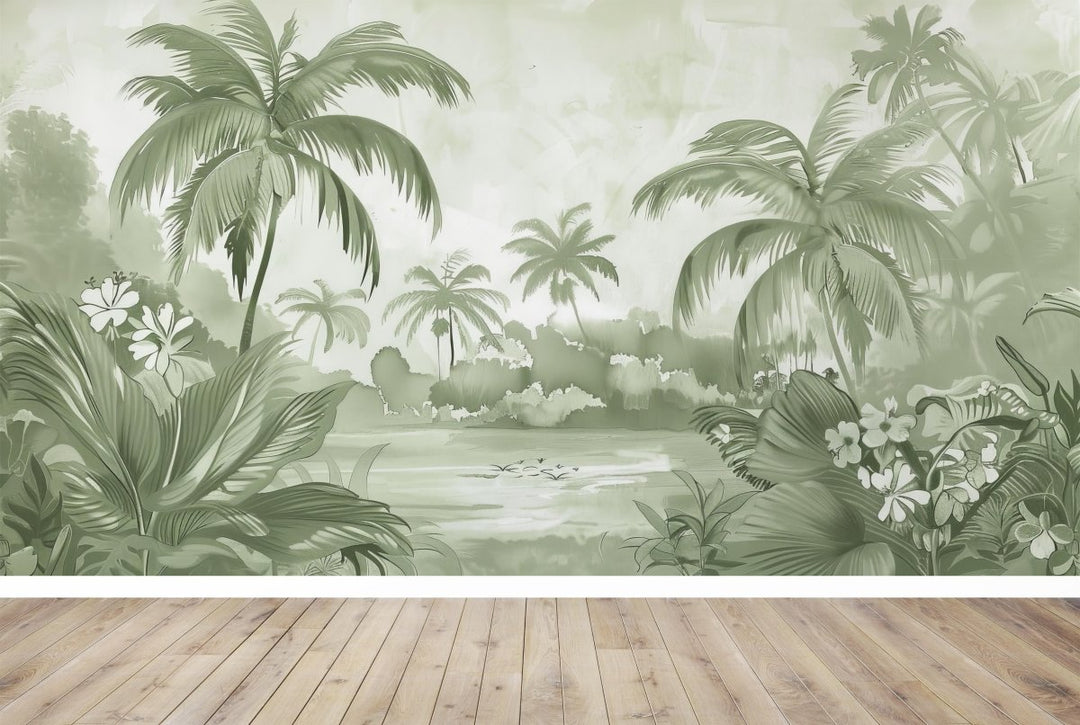 Rêve de Jungle – Panorama Mural en Vert Pastel - Illulart: Papier peint panoramique