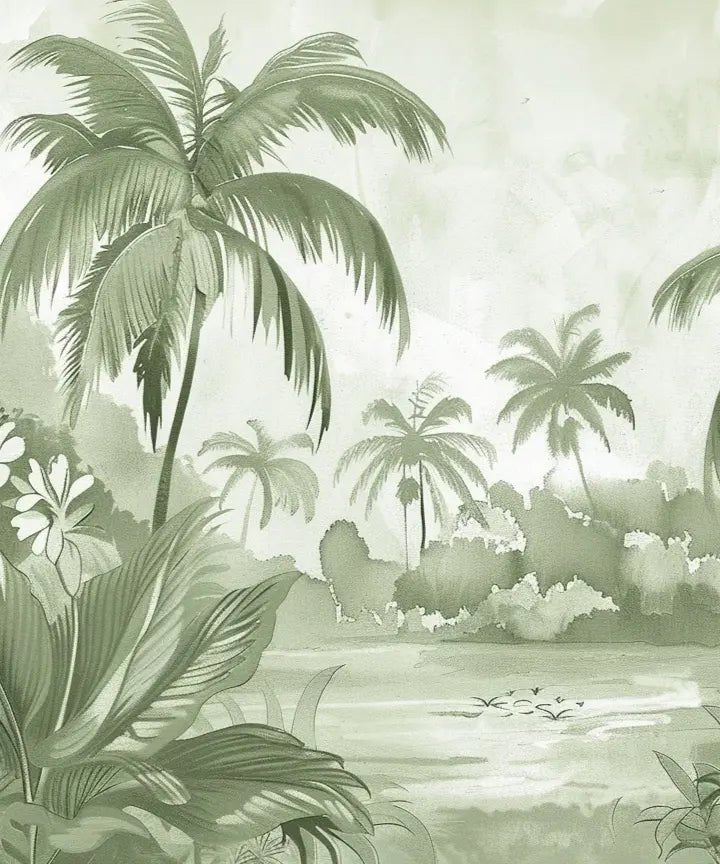 Rêve de Jungle – Panorama Mural en Vert Pastel - Illulart: Papier peint panoramique