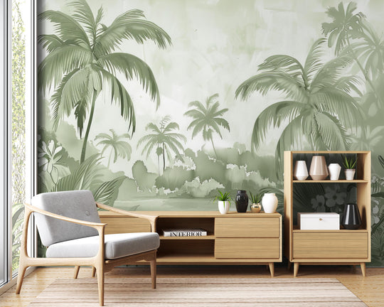 Rêve de Jungle – Panorama Mural en Vert Pastel